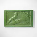 Rare Jungle Book tile with boy and monkey in tree by Russell Crook for Grueby Faience Company, c. 1900, glazed earthenware, sold May 2023