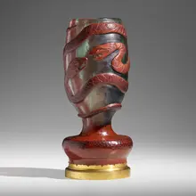 Ernest Baptiste Léveillé, Exceptional and Rare vase with serpents, c. 1900, acid-etched, wheel-carved, and martelé cameo glass, gilt bronze