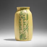 Vase with stylized pine cones by Elizabeth and Hannah Overbeck for Overbeck Pottery, c. 1920, hand-carved and glazed earthenware, sold May 2023