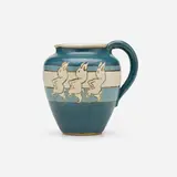 Pitcher with dancing rabbits by Albina Mangini for Saturday Evening Girls, 1911, glazed earthenware decorated in cuerda seca, sold May 2023