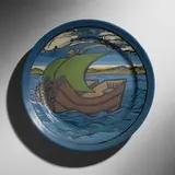 Exceptional and Large charger with Viking ship by Albina Mangini for Saturday Evening Girls, 1914, glazed earthenware decorated in cuerda seca, sold May 2023