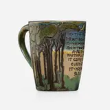 Mug with landscape by Frances Rocchi for Saturday Evening Girls, 1914, glazed earthenware decorated in cuerda seca, sold May 2023