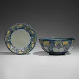 Rare and Early bowl and plate set by Marie de Hoa LeBlanc for Newcomb College Pottery, 1907, glazed earthenware, sold May 2023