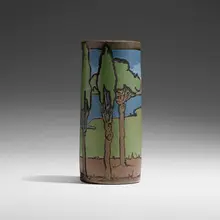 Sara Galner for Saturday Evening Girls, Exceptional scenic vase, 1913, glazed earthenware decorated in cuerda seca