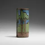 Exceptional scenic vase by Sara Galner for Saturday Evening Girls, 1913, glazed earthenware decorated in cuerda seca, sold May 2023