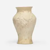 Favrile Pottery vase with leaves by Tiffany Studios, 1904-14, bisque earthenware, glazed interior, sold May 2023