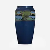 Scenic vase by Eva Geneco for Saturday Evening Girls, 1921, glazed earthenware, sold May 2023