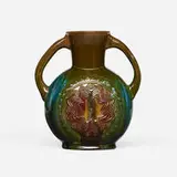 Vase with handles by Christopher Dresser for Linthorpe Pottery, c. 1880, glazed earthenware, sold May 2023