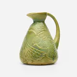 Favrile Pottery pitcher with parrots by Tiffany Studios, 1904-14, glazed earthenware, sold May 2023