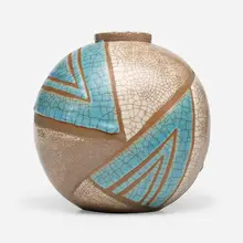 Art Deco vase by René Buthaud, c. 1930, peau-de-serpent (snakeskin)-glazed earthenware with wax-resist decoration, sold May 2023