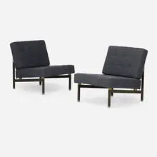Lounge chairs, pair by Giuseppe Zammerini, c. 1960, upholstery, enameled steel, aluminum, sold Sep 2025