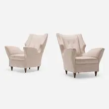 Melchiorre Bega, Lounge chairs, pair, c. 1950, upholstery, walnut