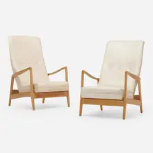 Armchairs model 829, pair by Gio Ponti, 1960, oak, vinyl upholstery, sold Sep 2025