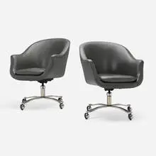 Nicos Zographos, Alpha Bucket chairs, pair, c. 1990, leather upholstery, polished stainless steel