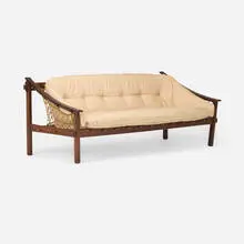 Amazonas sofa by Jean Gillon, c. 1965, jacaranda, upholstered cushion, rope, sold Sep 2025
