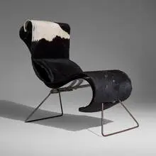 Postmodern, Lounge chair, c. 1980, stainless steel, steel, hide upholstery, leather