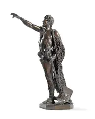Pavel-Velonsky: A late 19th century patinated bronze figue of a gladiator, his right hand outstretched in greeting and holding a trident in the other hand, a casting net slung over his shoulder and a helmet at his feet, the circular base signed in latin and inscribed 'Ave Ceasar!/ Moritaru te salutant' and with Fonderia Nelli, Roma foundry mark, 66cm high