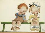 Mabel Lucie Atwell, Boy and girl on a bench, watercolour heightened with white