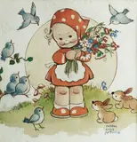 Mabel Lucie Atwell, Picking flowers; The bunch of flowers, a pair, watercolour and bodycolour