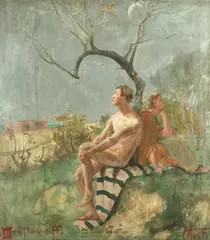 'A Prehistoric Tiff' by British School, oil on canvas laid to board, offered Jul 2017