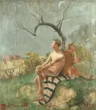 'A Prehistoric Tiff' by British School, oil on canvas laid to board, offered Jul 2017