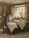 The morning post; and Peeling apples, a pair by William Kay Blacklock, watercolour heightened with white, offered Jul 2017
