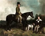Man on a horse with a boy and dog by English School 19th century, oil on canvas, offered Jul 2017