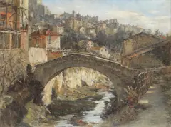 Robert Edward Morrison, View of hillside town and bridge, oil on canvas