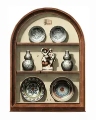 Shelf with ceramics by Christopher John Harrison, oil on board, offered Jul 2017