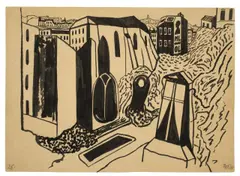 Werner Heldt, Häuser und Kapelle in Trümmern, 1948, Tuschpinsel auf Papier (aus einem Skizzenblock)