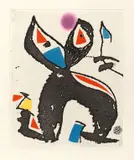 Joan Miró, René Char: Le marteau sans maître, 1976, Original-Halblederkassette mit 23 Farbaquatintaradierungen, jeweils auf Velin-Doppelbögen (Wasserzeichen: Vent d’Arles)