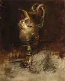 Antoine Vollon, Studie zu einem Silberkrug, Um 1880, Öl über Kreide auf Holz