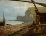 Französisch, um 1860, Am Strand von Etretat, Öl auf Pappe