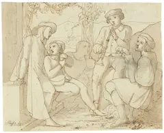 Johann Scheffer von Leonhardshoff, Musizierende Knaben, Um 1815, Feder in Braun, laviert, und Feder in Grau über Bleistift auf Bütten (Wasserzeichen: Ranersdorf)