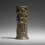 Favrile Bronze Pottery vase with hollyhocks by Tiffany Studios, c. 1910, glazed earthenware, electroplated and patinated copper, sold May 2023
