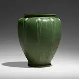 Vase with leaves and buds by Norma Peirce for Grueby Faience Company, 1904-10, glazed earthenware, sold May 2023