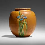 Rare and Exceptional vase with irises by Grueby Faience Company, 1898-1910, glazed earthenware, sold May 2023