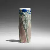 Rare and Early vase with irises, 1903 by Artus Van Briggle for Van Briggle Pottery, 1903, glazed earthenware, sold May 2023