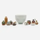 Auguste Delaherche, Rare grain-de-riz bowl, c. 1900-10, glazed stoneware, glazed porcelain, patinated metal