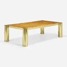 Custom Cityscape dining table by Paul Evans, c. 1980, olive ash burl, polished brass, sold Jan 2023