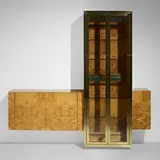 Paul Evans, Custom Cityscape wall unit, c. 1980, burl, brass, glass, lacquered wood
