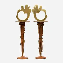 Albert Paley, Eclipse candleholders, pair, 2004, forged and fabricated steel with natural patina, brass
