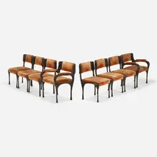 Paul Evans, Sculpted Bronze chairs, set of eight, c. 1970, bronzed resin over steel, upholstery