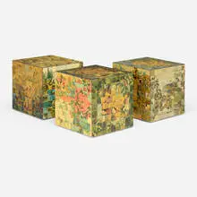 Clare Graham, Occasional tables from the Paint By Numbers series, set of three, c. 2010, acrylic paint by numbers tiles over wood, tacks