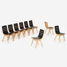 Roland Rainer, 3/4/3 chairs for Wiener Stadthalle, Vienna, set of nine, beech, sycamore, stained wood, steel