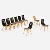 Roland Rainer, 3/4/3 chairs for Wiener Stadthalle, Vienna, set of nine, beech, sycamore, stained wood, steel