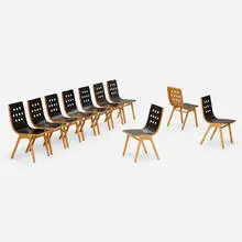 Roland Rainer, 3/4/3 chairs for Wiener Stadthalle, Vienna, set of ten, beech, sycamore, stained wood, steel