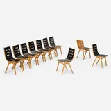 Roland Rainer, 3/4/3 chairs for Wiener Stadthalle, Vienna, set of ten, beech, sycamore, stained wood, steel