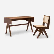 Pierre Jeanneret, Desk and chair from Chandigarh, c. 1960, teak, linen upholstery, cane