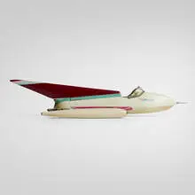 Toy rocket boat by Ito, c. 1950, painted wood, metal, plastic, sold Aug 2025